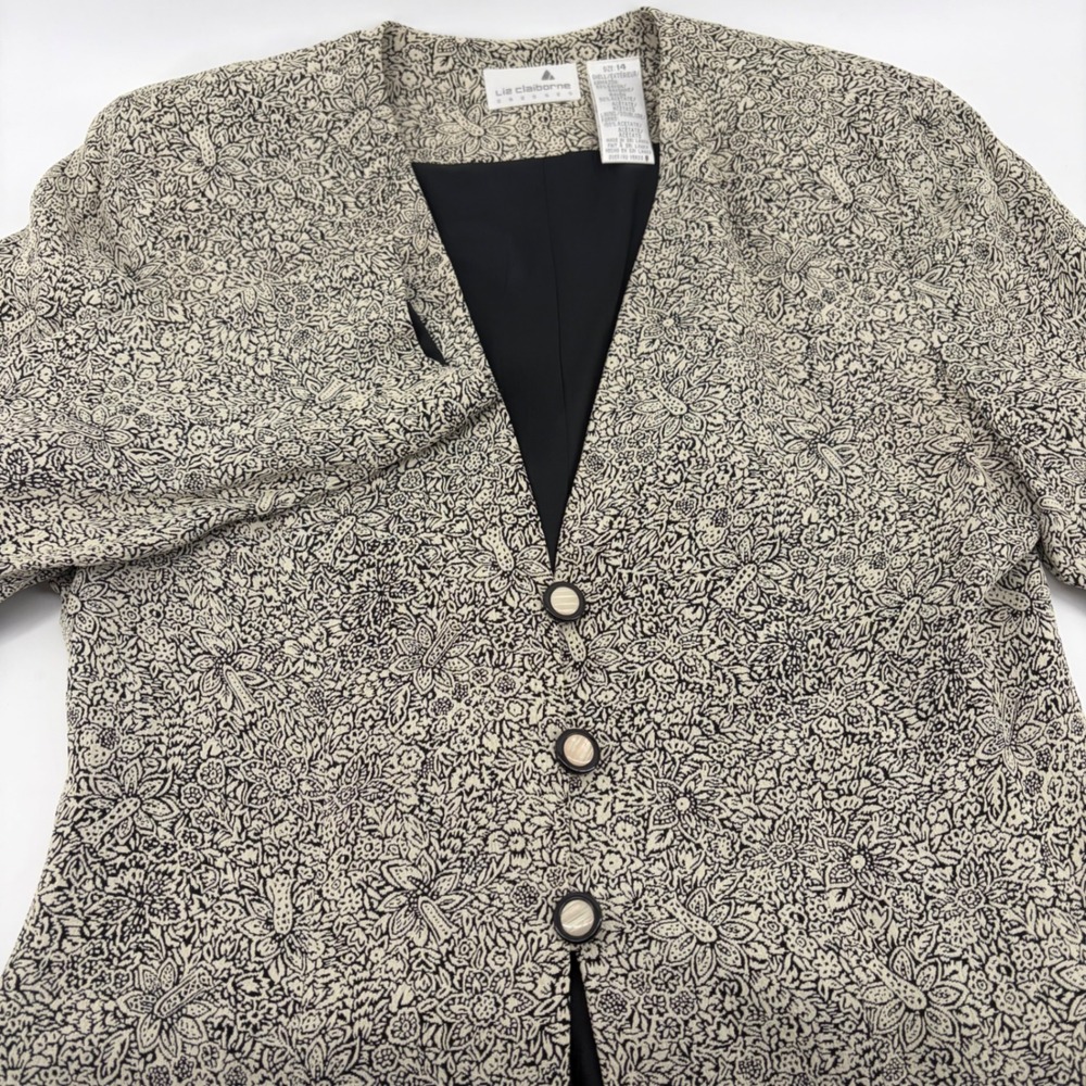 Vintage Liz Claiborne Floral Paisley Longline Blazer Jacket Black Cream Women 14
